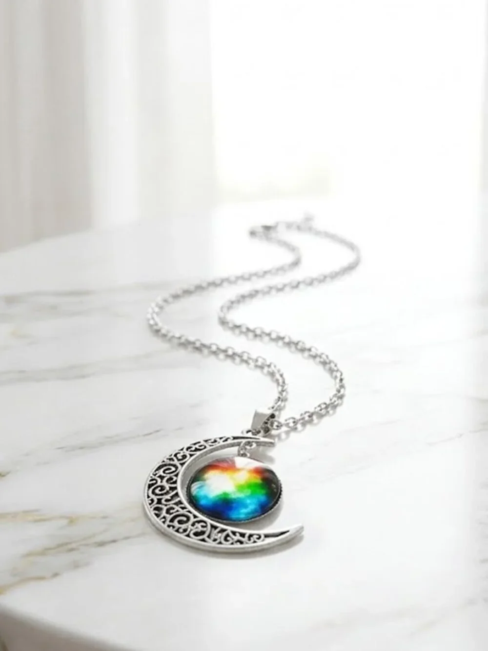 Multi Color Crescent Moon Galaxy Necklace - Picture 4 of 4